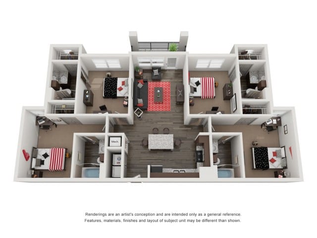 A 3D image of the 4BR/4BA floorplan, a 1392 squarefoot, 4 bed / 4 bath unit