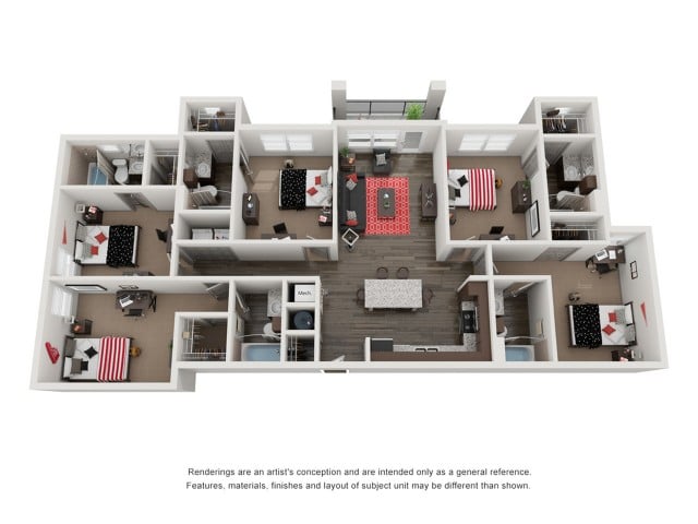 A 3D image of the 5BR/5BA floorplan, a 1690 squarefoot, 5 bed / 5 bath unit