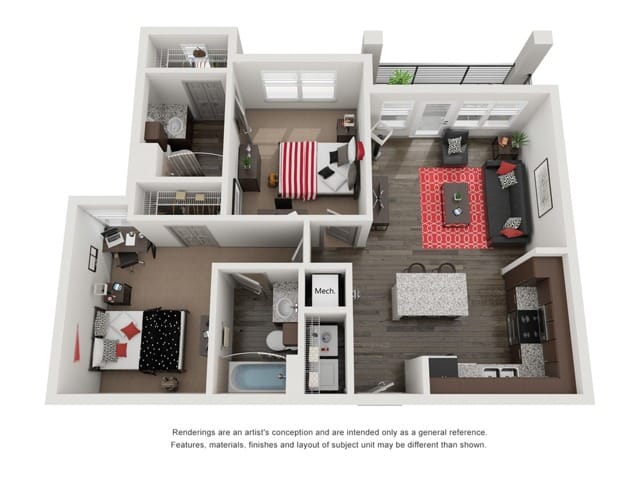 A 3D image of the 2BR/2BA floorplan, a 900 squarefoot, 2 bed / 2 bath unit